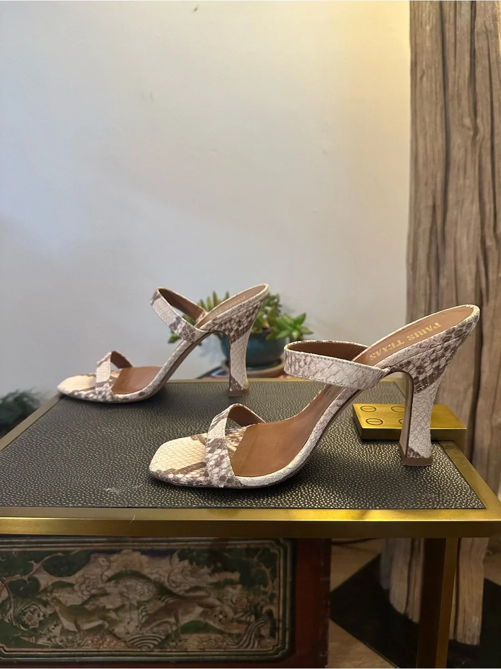 Paris Texas Snake-Print Square-Toe Heeled Sandals